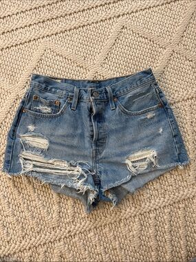 High-Rise Distressed Blue Denim Jean Shorts